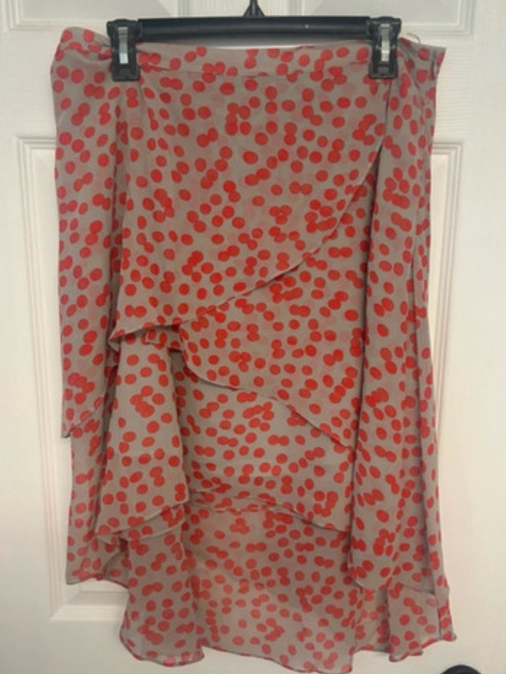 Grey and Coral Polka Dot Ruffled Midi Skirt